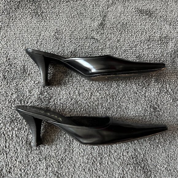 Prada Mules Black Leather Slip On Kitten Heels Slides Shoes Size 37 Made Italy - Picture 15 of 16